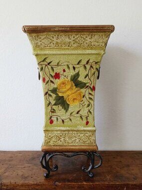 Vintage Shabby Chic Floral Urn Planter Metal Scroll Stand Yellow Roses Handles